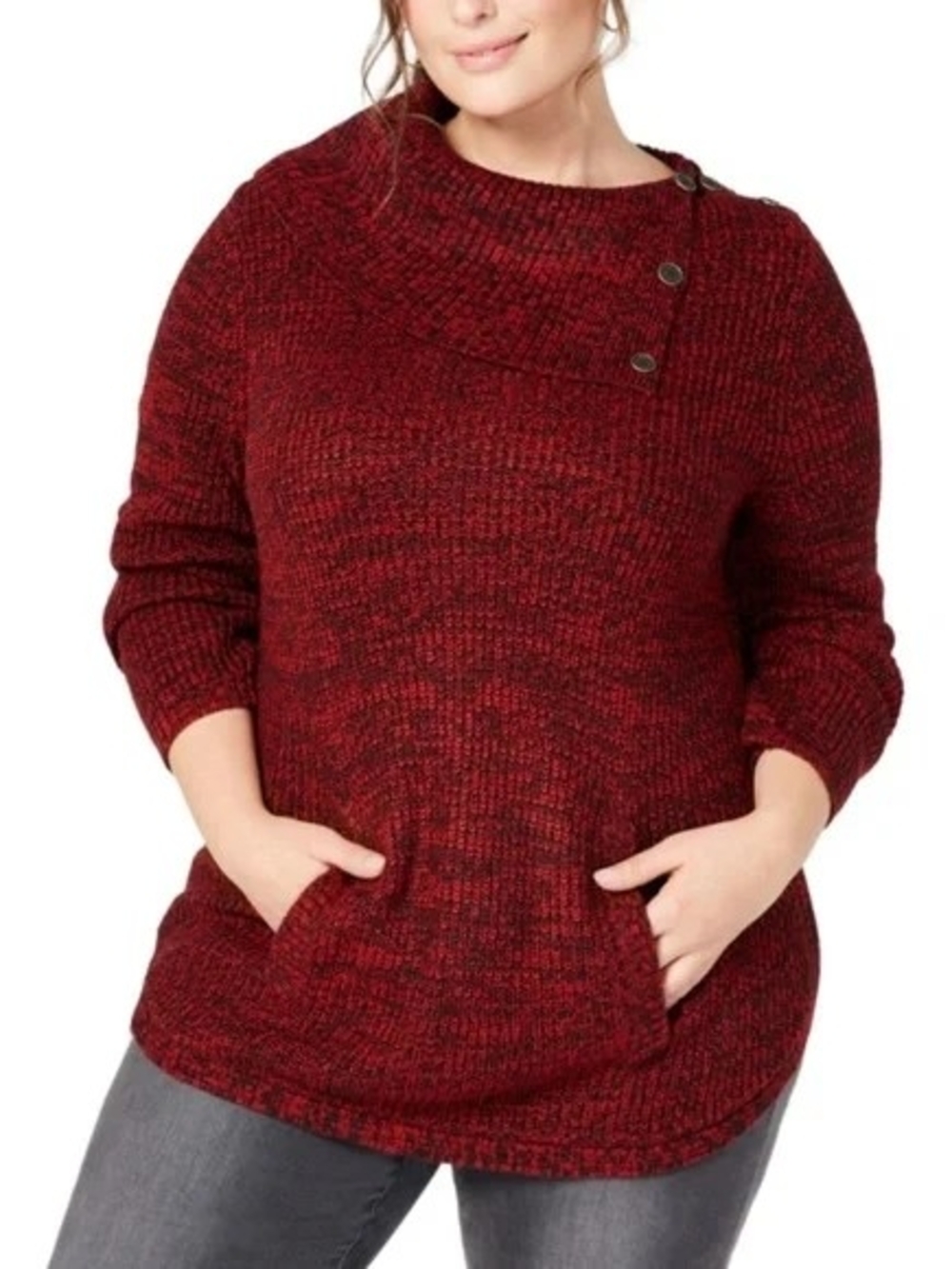 Style & Co. Marled Burgundy Button-Shoulder Turtleneck Sweater